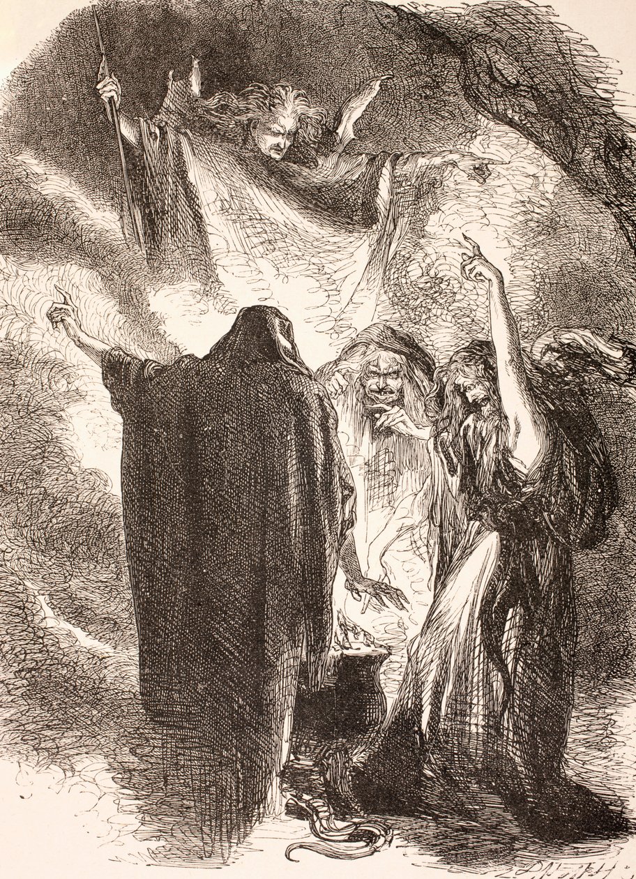رسم توضيحي للسحرة حول مرجلهم في ماكبث ، من "المكتبة المصورة شكسبير" ، نُشر في لندن عام 1890 بواسطة مدرسة اللغة الإنجليزية