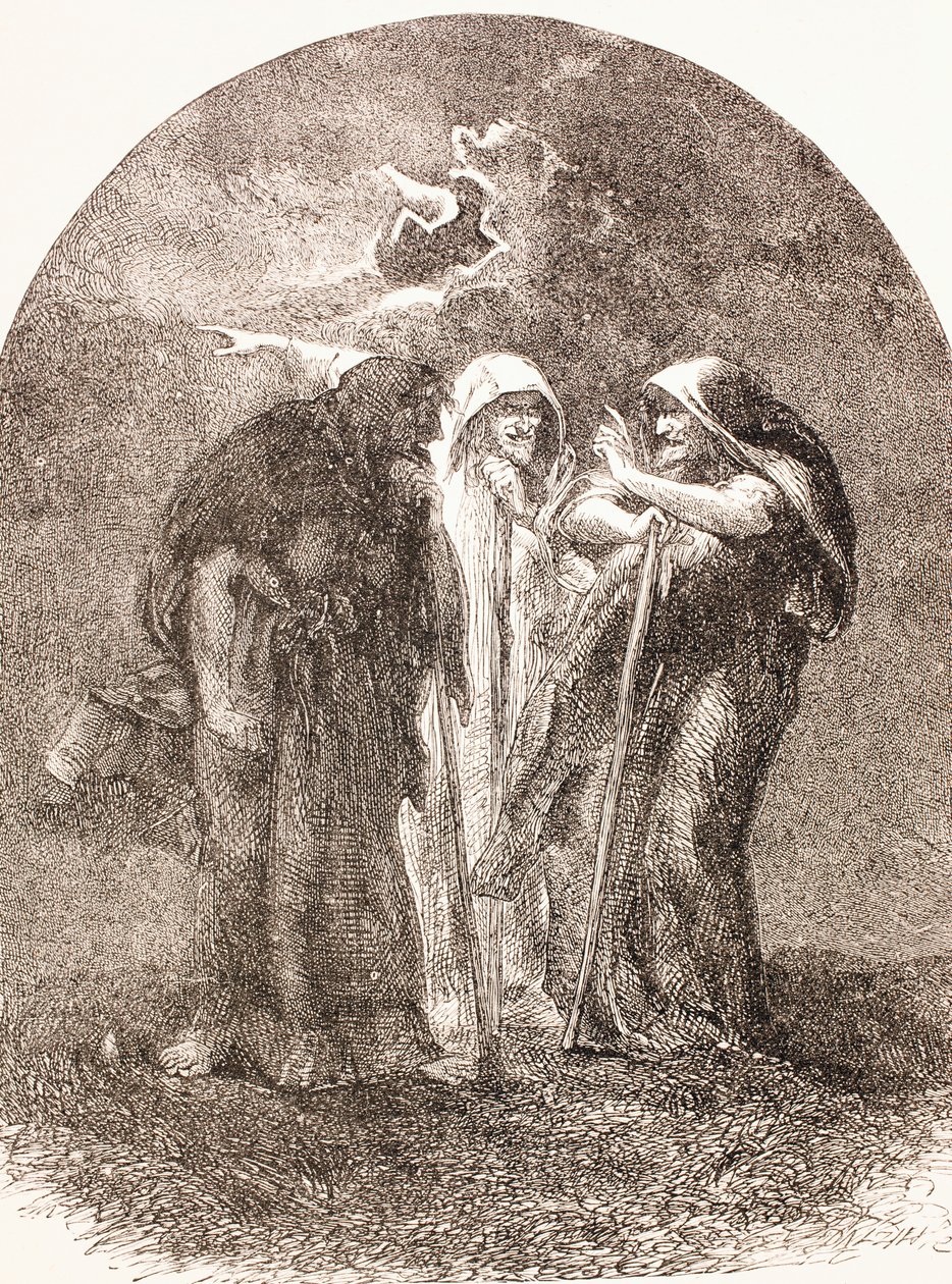 رسم توضيحي للسحرة من ماكبث ، من "المكتبة المصورة شكسبير" ، نُشر في لندن عام 1890 بواسطة مدرسة اللغة الإنجليزية