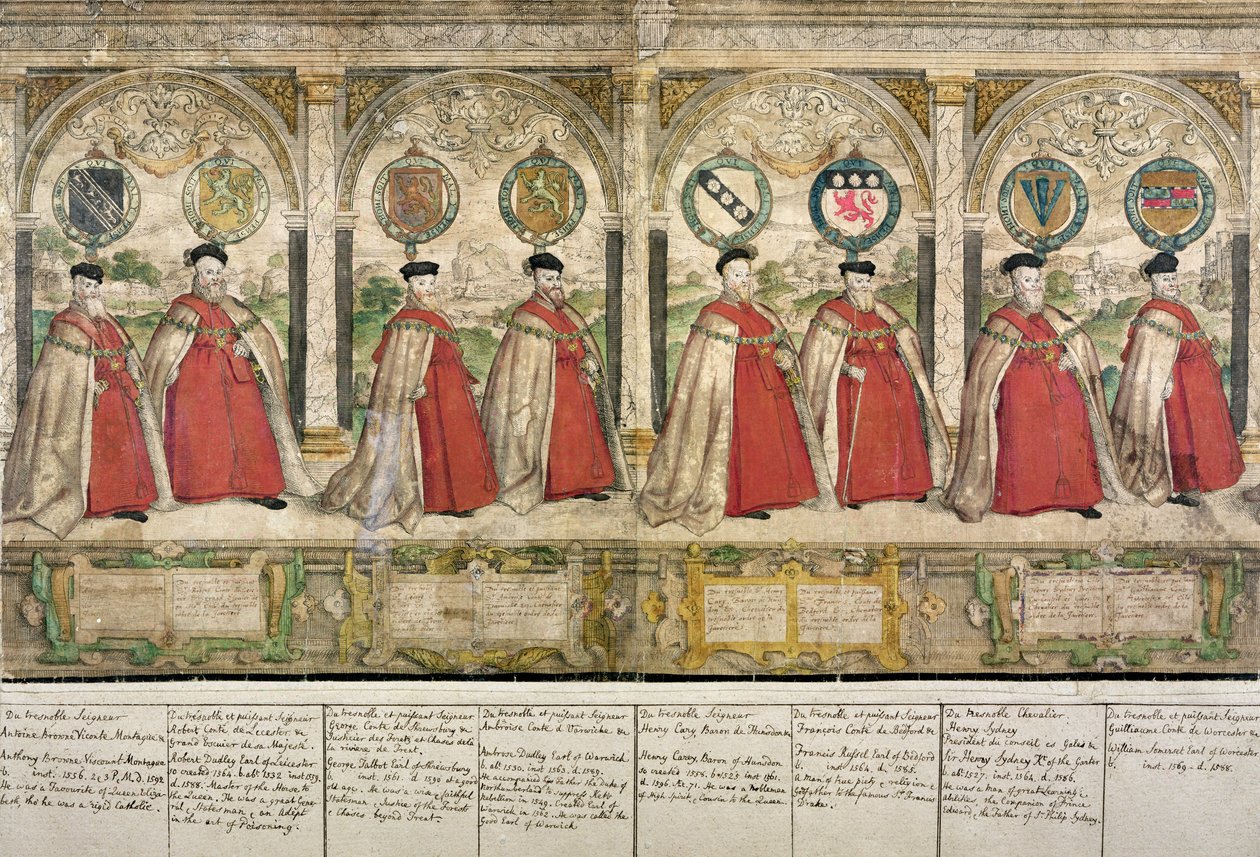 موكب مركب خيالي لفرسان الرباط في وندسور ، منقوش من قبل ماركوس غيرايرتس الأكبر (1521-86) 1576 (النقش الملون) بواسطة مدرسة اللغة الإنجليزية