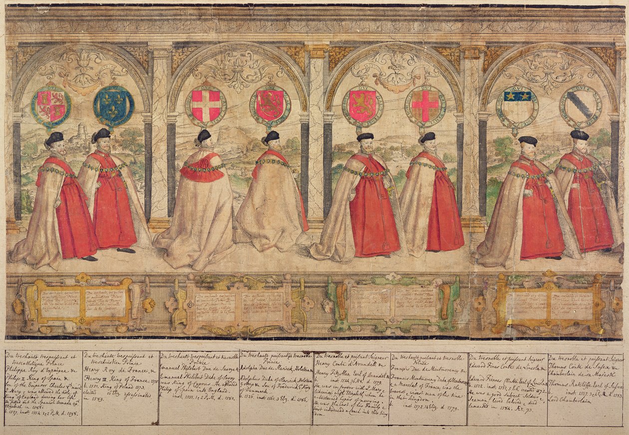 موكب مركب خيالي لأمر الرباط في وندسور ، منقوش من قبل ماركوس غيرايرتس الأكبر (1521-86) 1576 (النقش الملون) بواسطة مدرسة اللغة الإنجليزية