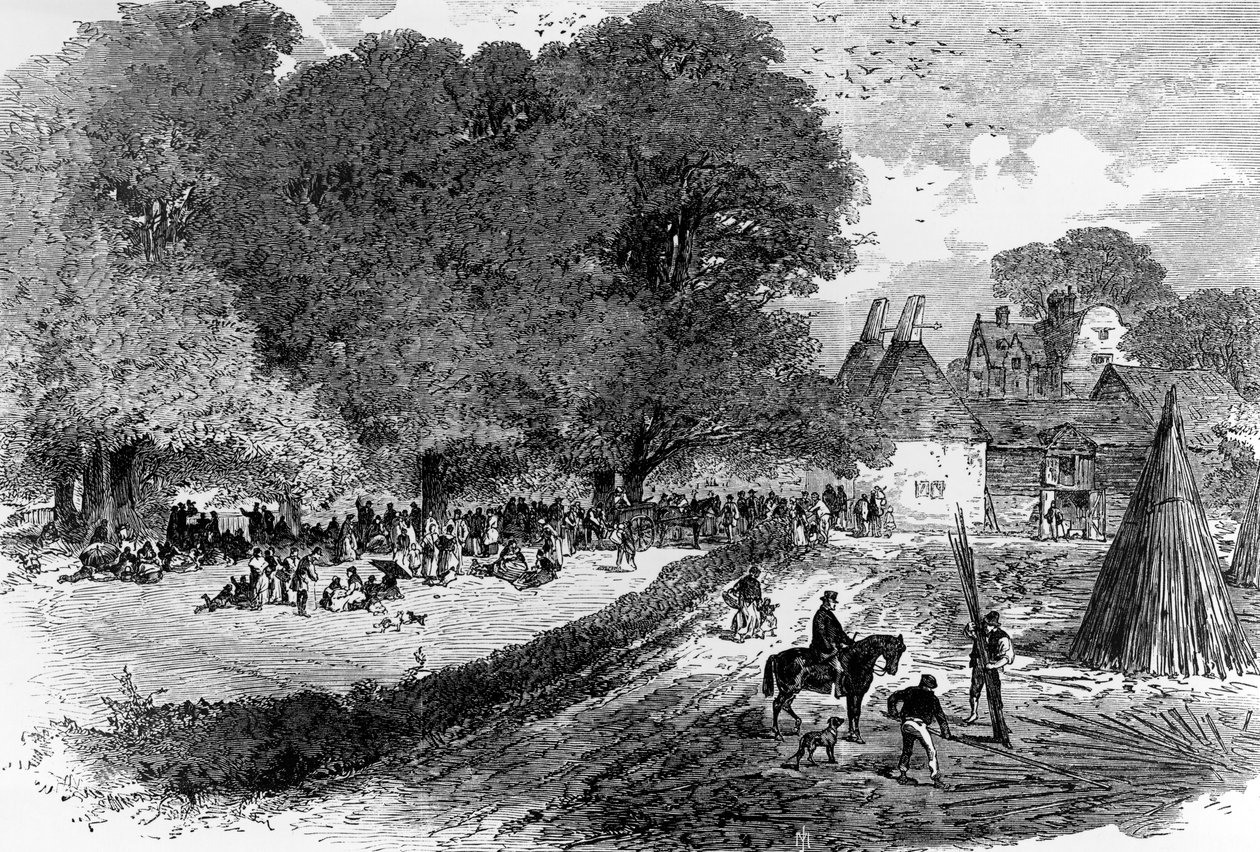 في حقول كينت هوب ، في انتظار الدفع ، 1867 بواسطة مدرسة اللغة الإنجليزية