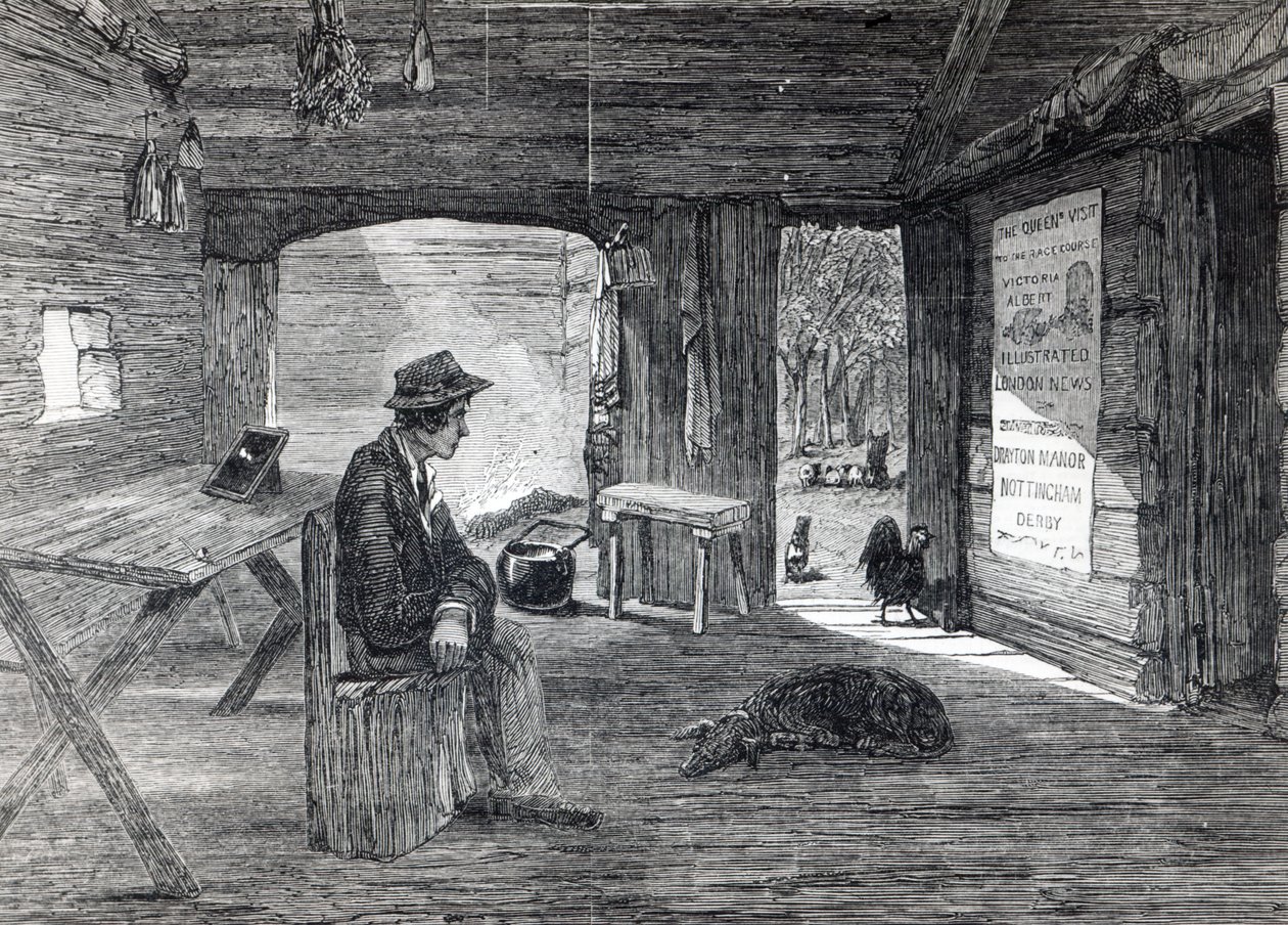 داخل كوخ مستوطن في أستراليا ، من "أخبار لندن المصورة" ، 1849 بواسطة مدرسة اللغة الإنجليزية
