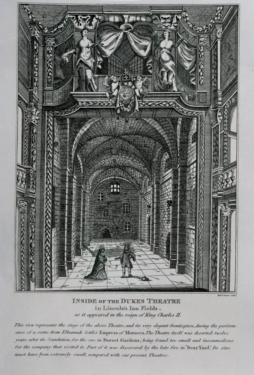 داخل مسرح دوق في حقول لنكولن إن في عهد الملك تشارلز الثاني ، 1809 بواسطة مدرسة اللغة الإنجليزية