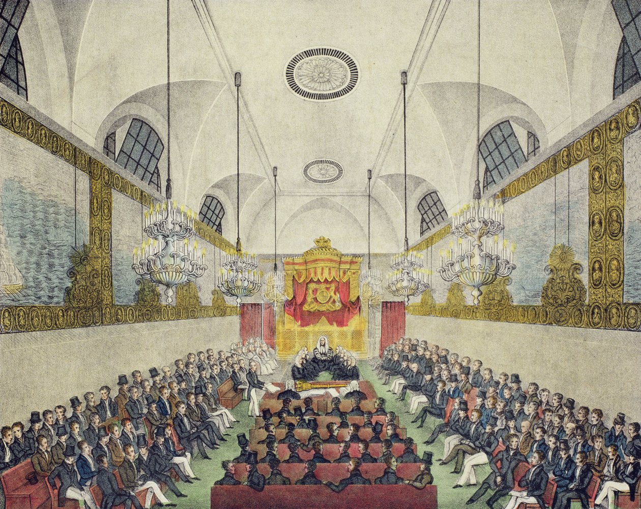 داخل مجلس اللوردات ، في قصر وستمنستر ، طبع ونشر تشارلز إنغري ، c.1830 (ليثو ملون) بواسطة مدرسة اللغة الإنجليزية