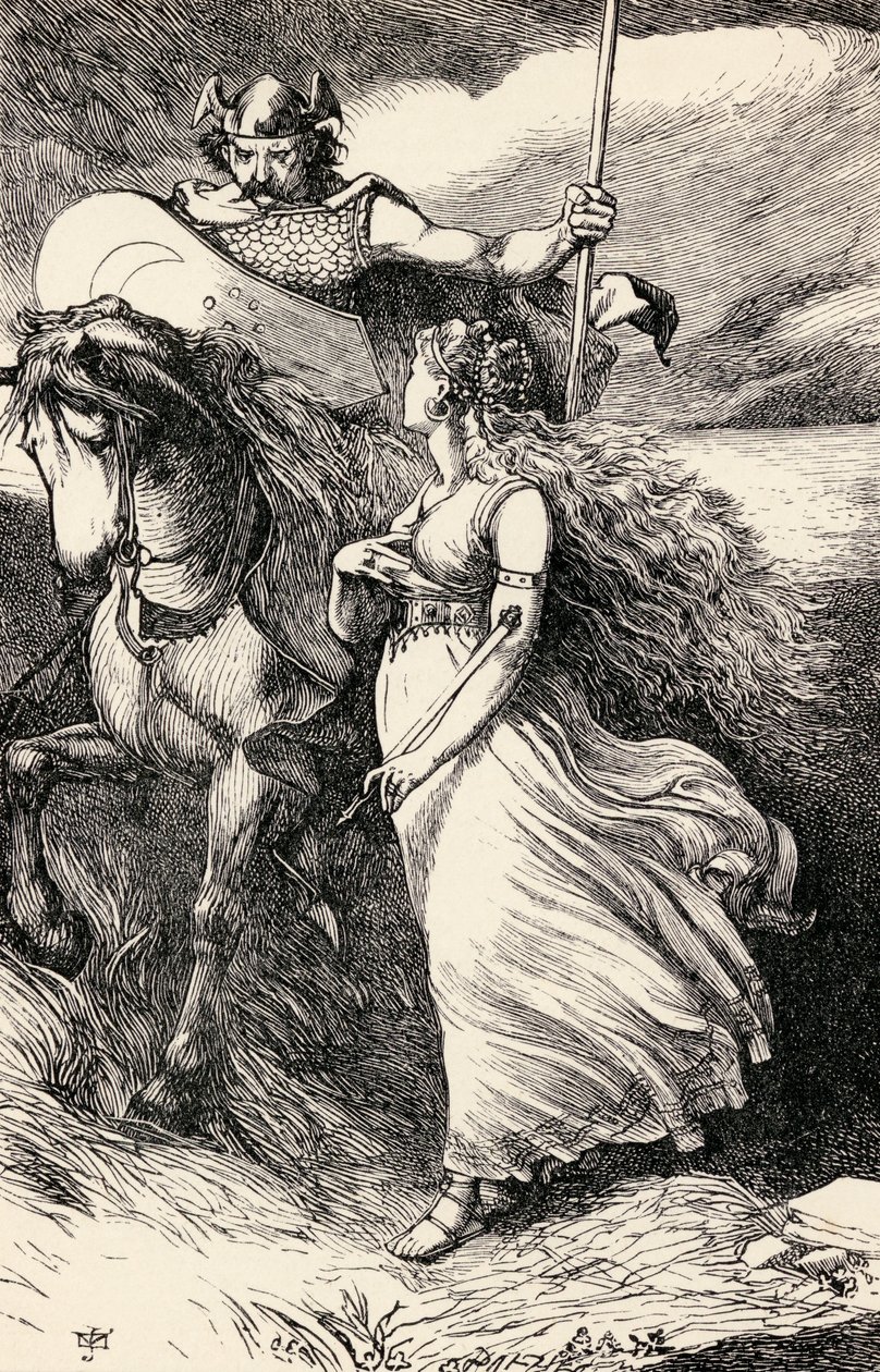 فارس أيرلندي وعذراء ، من نسخة من "الأعمال الشعرية لتوماس مور" ، نقشها Dalziel Brothers (fl.1839-90) بواسطة مدرسة اللغة الإنجليزية