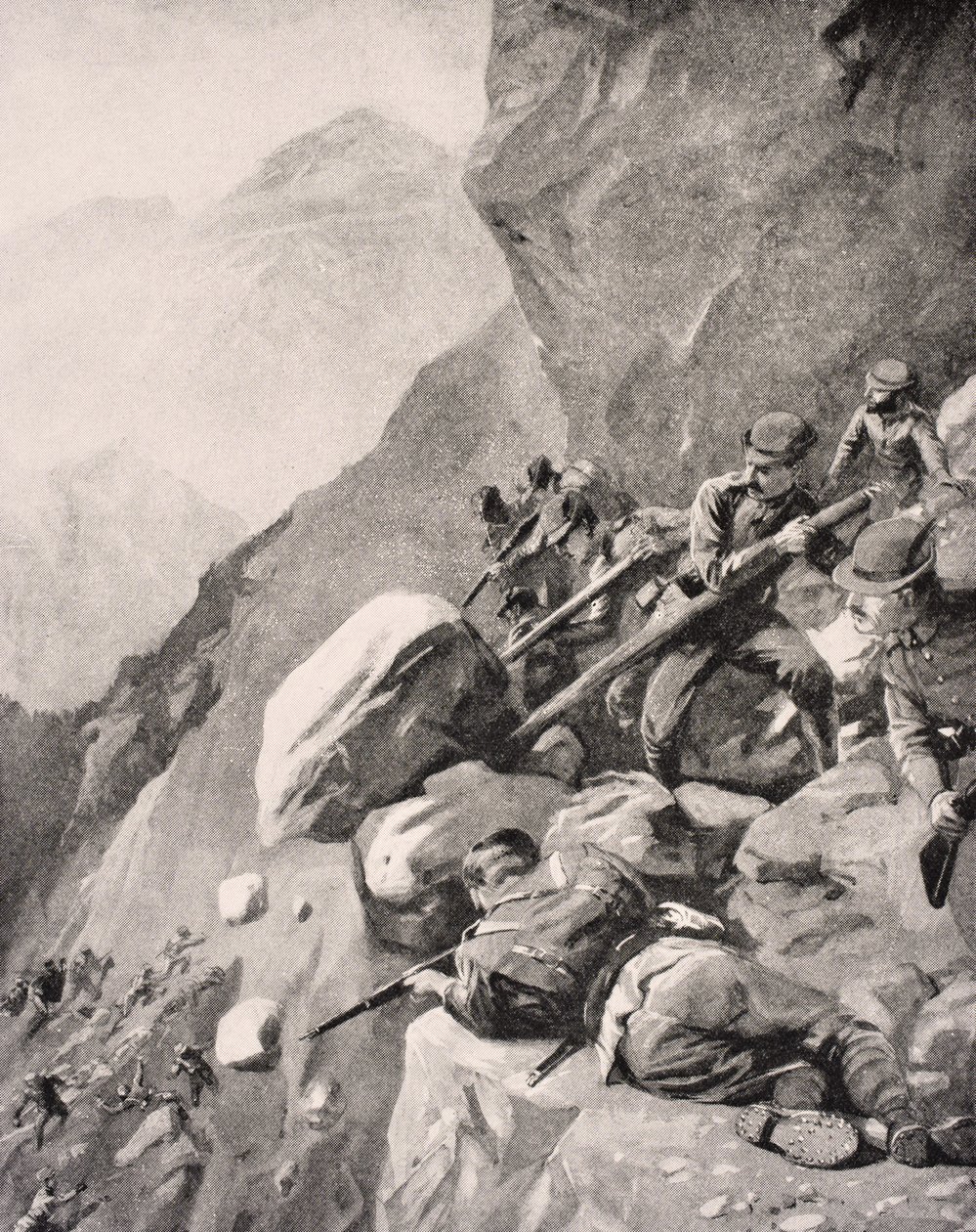 استقطبت القوات الإيطالية الصخور على جنود العدو في الدولوميت ، 1915 ، من `` The War Illustrated Album deLuxe &39;&39; المنشور في لندن ، 1916 بواسطة مدرسة اللغة الإنجليزية