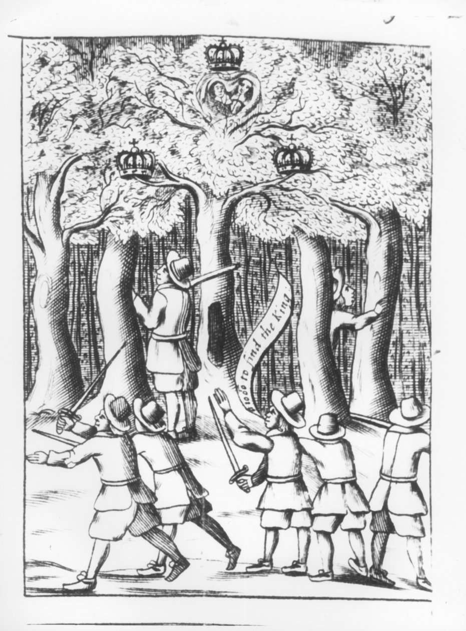 الملك تشارلز الثاني (1630-1685) يختبئ في شجرة بلوط في Boscobel بعد هزيمته في معركة ورسيستر في 1651 ، نشر 1660 بواسطة مدرسة اللغة الإنجليزية