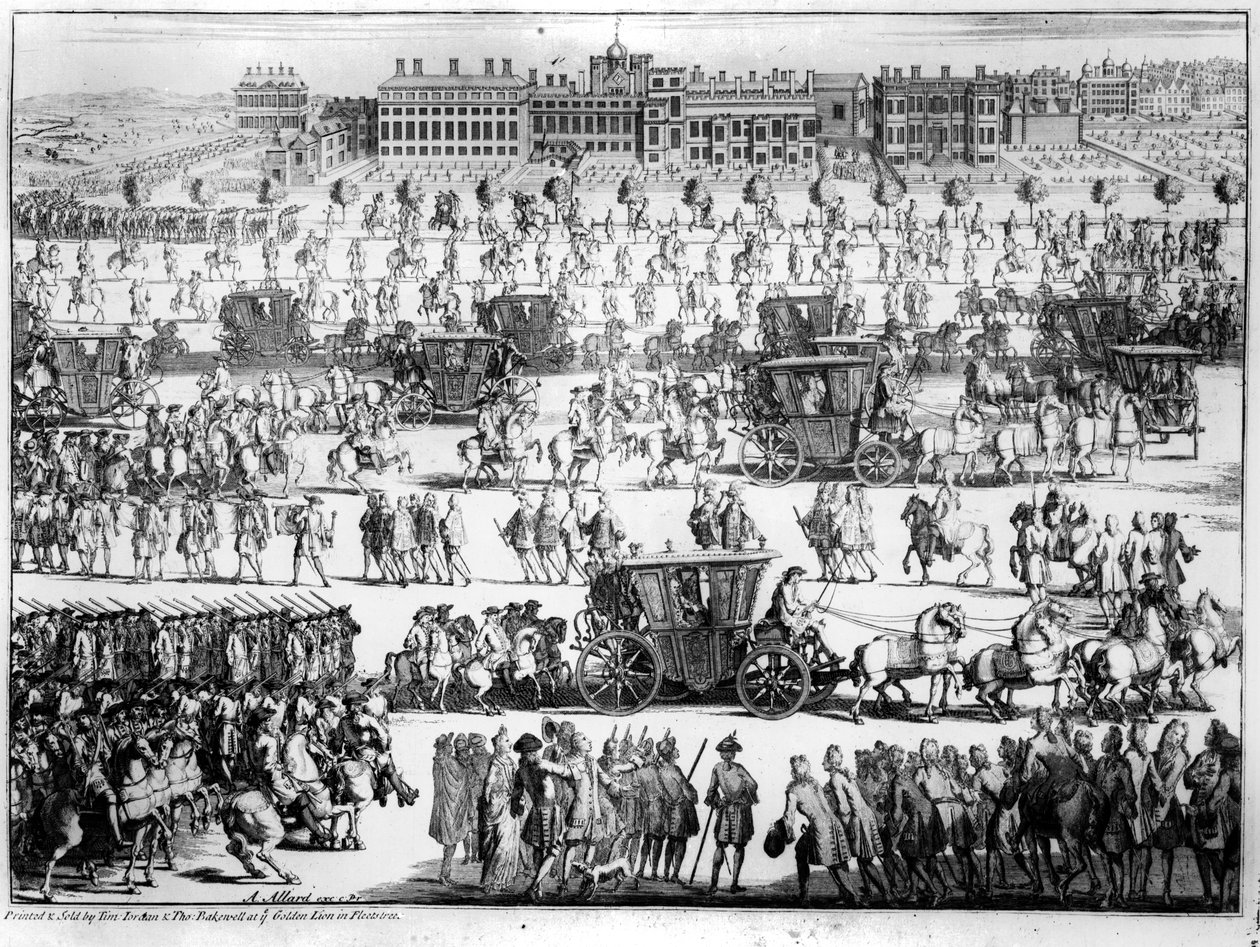 موكب الملك جورج الأول إلى قصر سانت جيمس ، 20 سبتمبر 1714 ، منقوش بواسطة إبراهيم ألارد بواسطة مدرسة اللغة الإنجليزية
