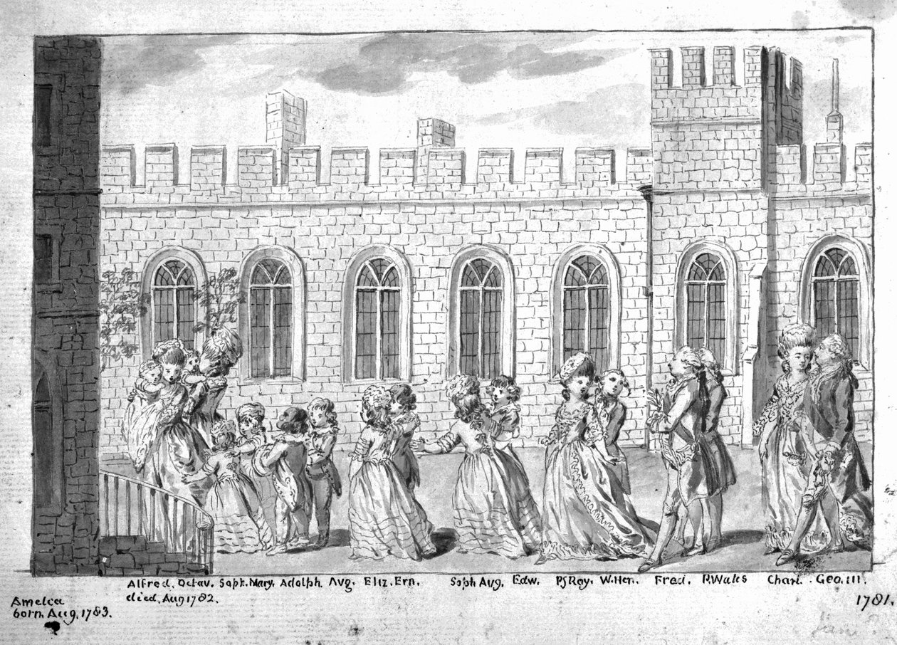 الملك جورج الثالث والملكة شارلوت يمشيان في موكب مع أطفالهما الأربعة عشر ، 1781 (القلم وغسله على الورق) بواسطة مدرسة اللغة الإنجليزية