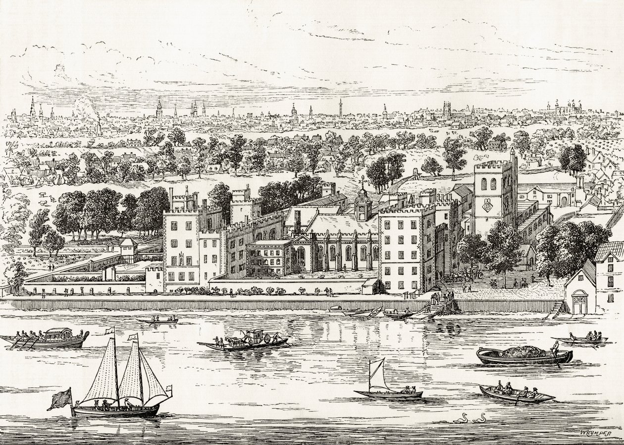 قصر لامبيث من نهر التايمز ، من "London Pictures: Drawn with Pen and Pencil" ، بقلم القس ريتشارد لوفيت ، نُشر عام 1890 بواسطة مدرسة اللغة الإنجليزية
