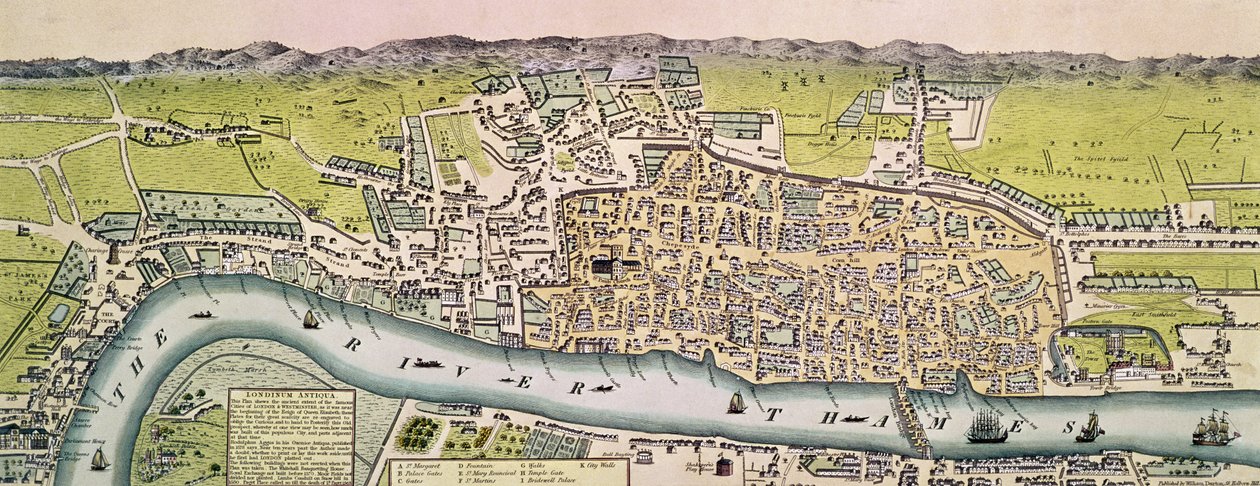 Londinium Antiqua ، خريطة لندن ، حانة. بقلم ويليام دارتون ، 1563 (نقش يدوي) بواسطة مدرسة اللغة الإنجليزية