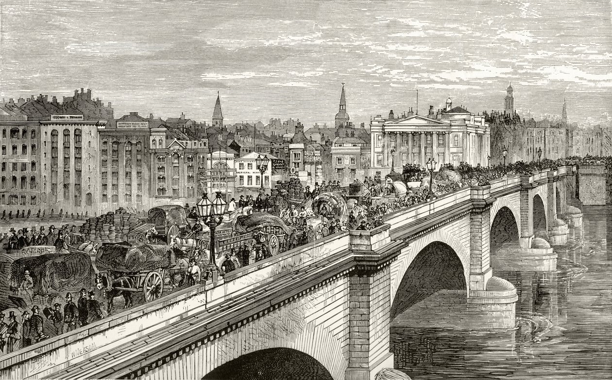 جسر لندن في القرن التاسع عشر ، من "London Pictures: Drawn with Pen and Pencil" ، بقلم القس ريتشارد لوفيت ، نُشر عام 1890 بواسطة مدرسة اللغة الإنجليزية