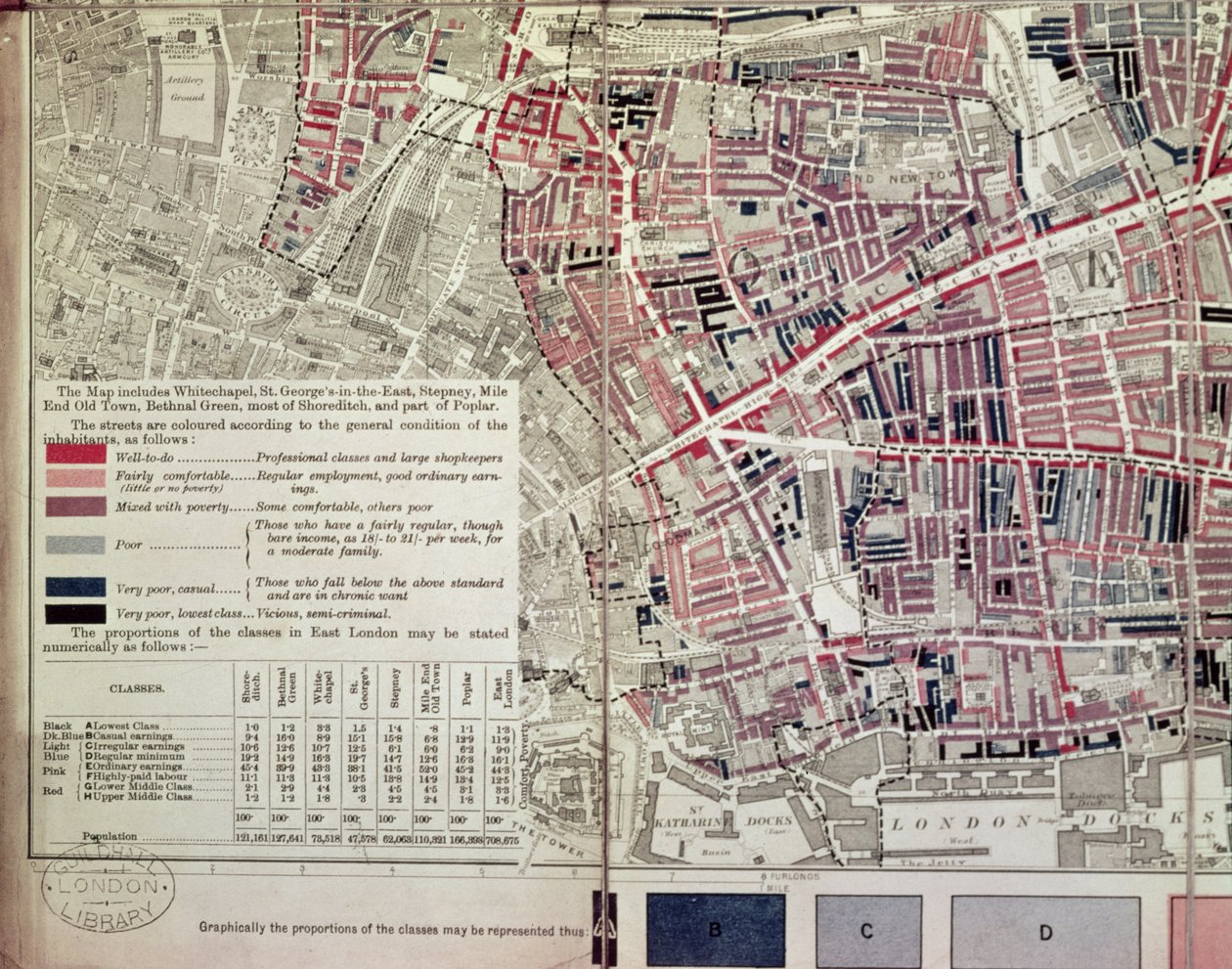 لندن: قسم وايت تشابل ، من خريطة وصفية لـ East End Poverty ، 1887 بواسطة مدرسة اللغة الإنجليزية