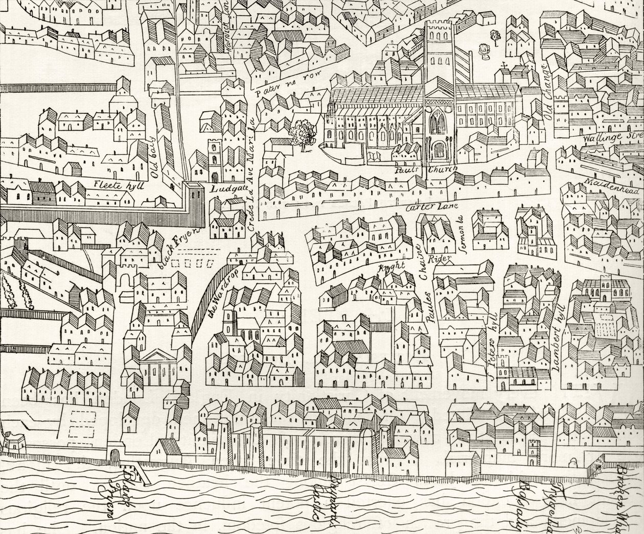 لندن حول سانت بول في عام 1563 ، من "صور لندن: مرسومة بالقلم والقلم الرصاص" ، بقلم القس ريتشارد لوفيت ، نُشر عام 1890 بواسطة مدرسة اللغة الإنجليزية