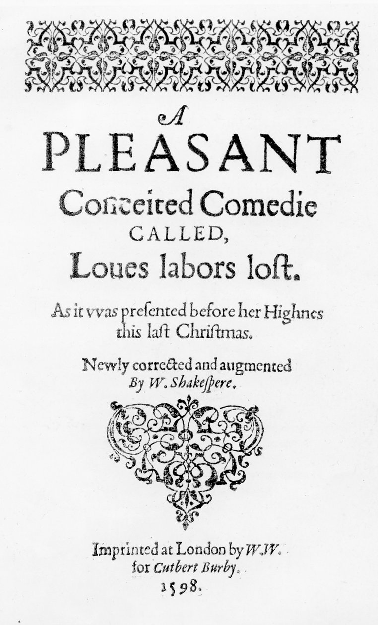 &39;Loves Labors Lost&39; ، واجهة الطبعة الأولى ، طبع في لندن بواسطة Cuthbert Burby ، 1598 بواسطة مدرسة اللغة الإنجليزية