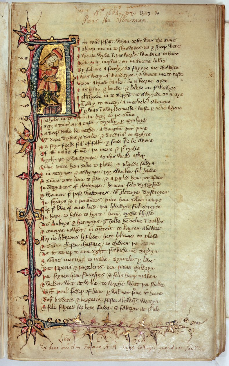 MS CCC 201 f.1 صفحة من النص مع بداية أولية تصور الحالم ، من Piers Plowman بواسطة William Langland بواسطة مدرسة اللغة الإنجليزية
