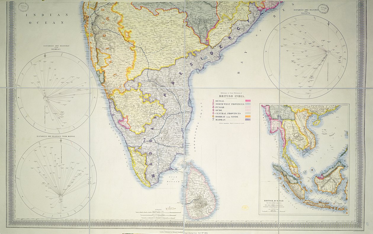 خريطة جنوب الهند البريطانية ، 1872 (الطباعة الحجرية الملونة) بواسطة مدرسة اللغة الإنجليزية