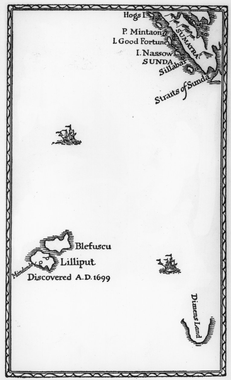 خريطة ليليبوت وبليفوسكو ، من الإصدار الأول من "رحلات جاليفر" لجوناثان سويفت ، 1726 (طباعة) بواسطة مدرسة اللغة الإنجليزية