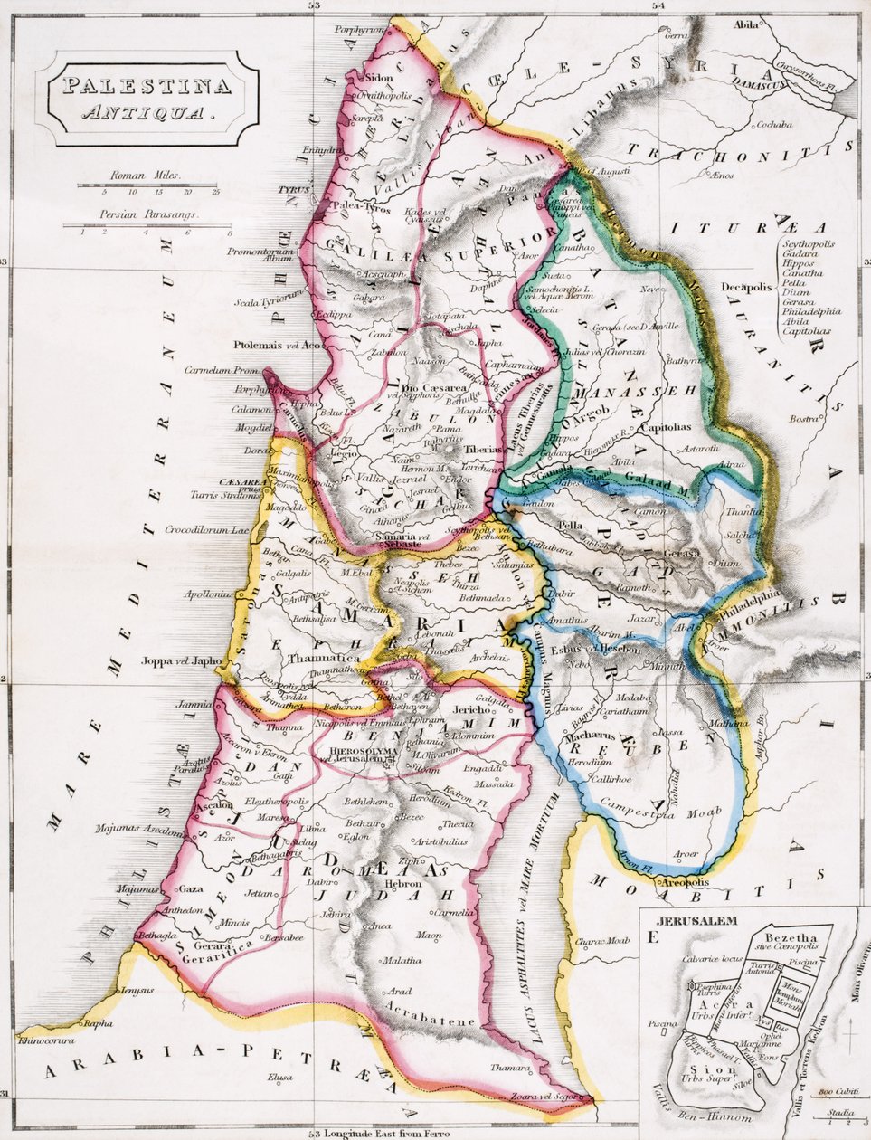 خريطة فلسطين ، Palestina Antiqua ، من "أطلس الجغرافيا القديمة" بقلم صموئيل بتلر ، نُشرت في لندن ، c.1829 بواسطة مدرسة اللغة الإنجليزية