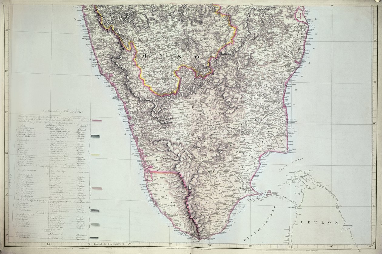 خريطة لجنوب الهند ، 1816 (نقش ملون باليد) بواسطة مدرسة اللغة الإنجليزية