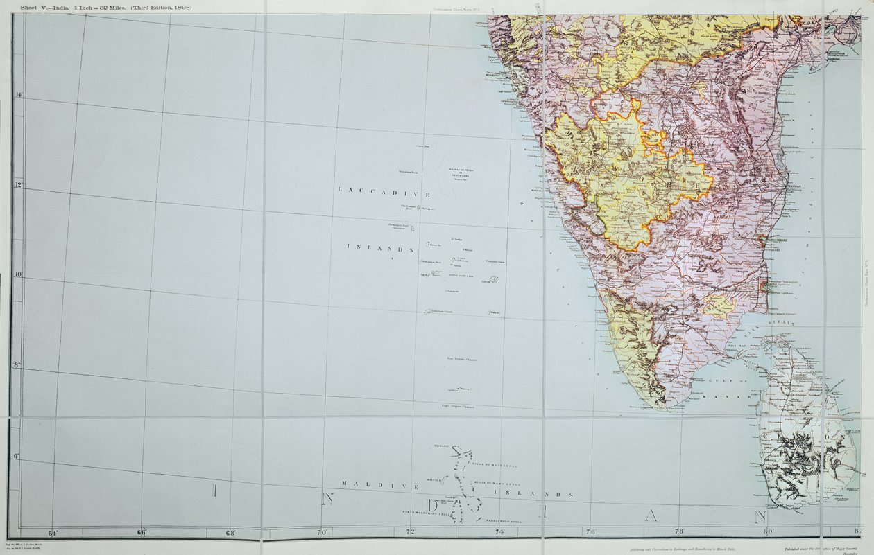 خريطة جنوب الهند ، 1898 (الطباعة الحجرية الملونة) بواسطة مدرسة اللغة الإنجليزية