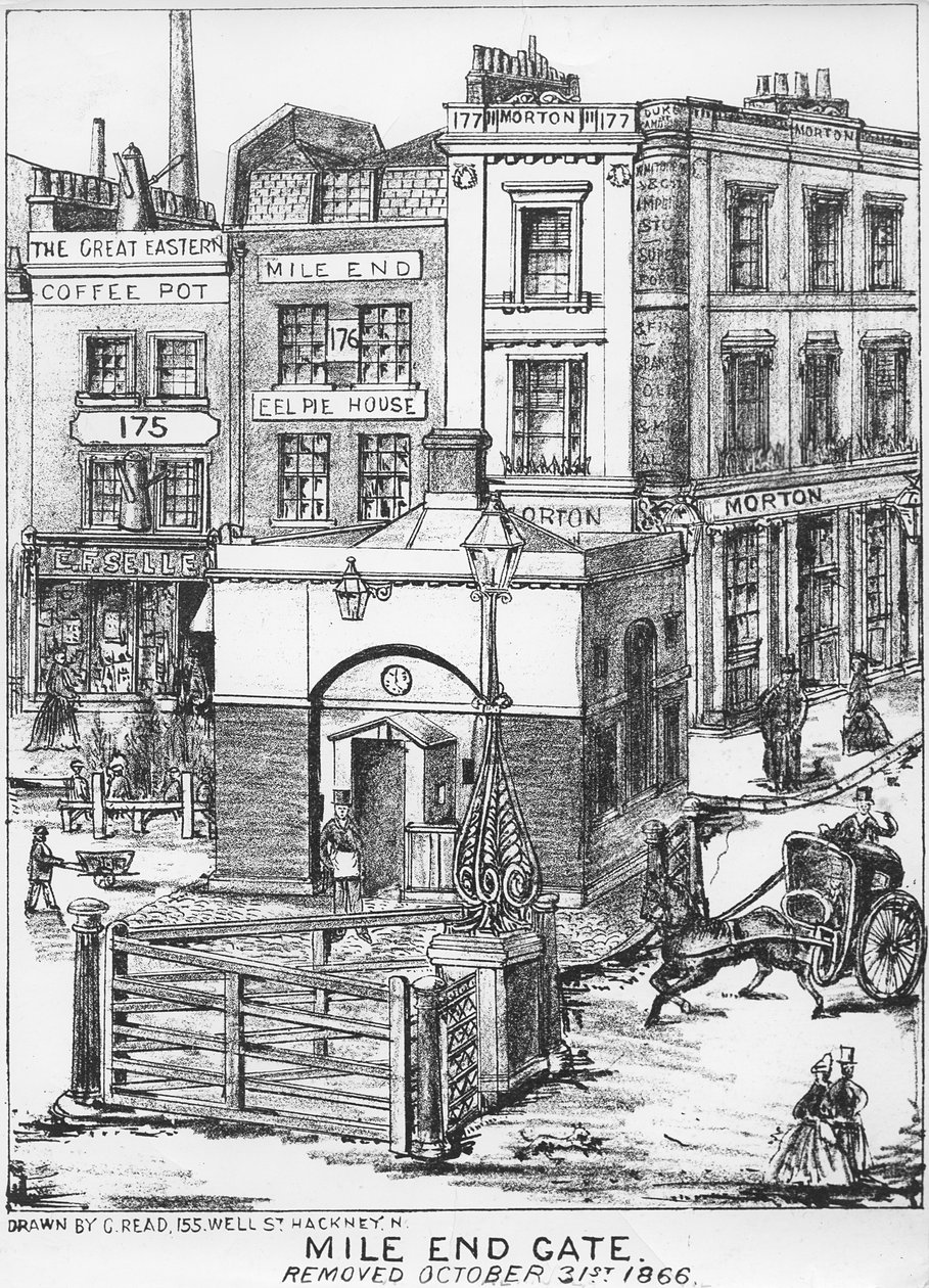 Mile End Gate ، c.1866 (قلم وفحم على ورق) بواسطة مدرسة اللغة الإنجليزية