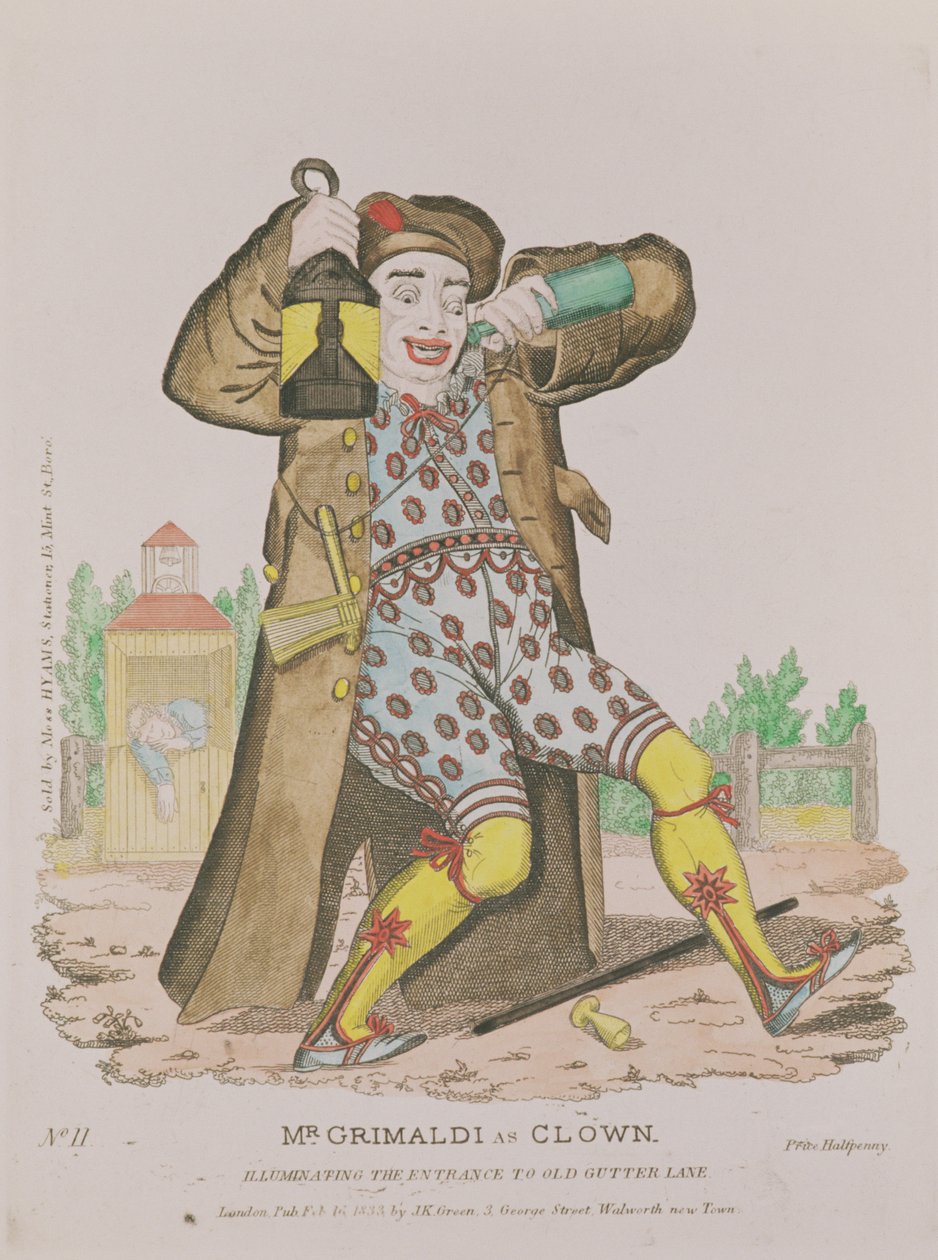 السيد Grimaldi في دور Clown ، يضيء مدخل Old Gutter Lane ، الحانة. 1833 بواسطة مدرسة اللغة الإنجليزية