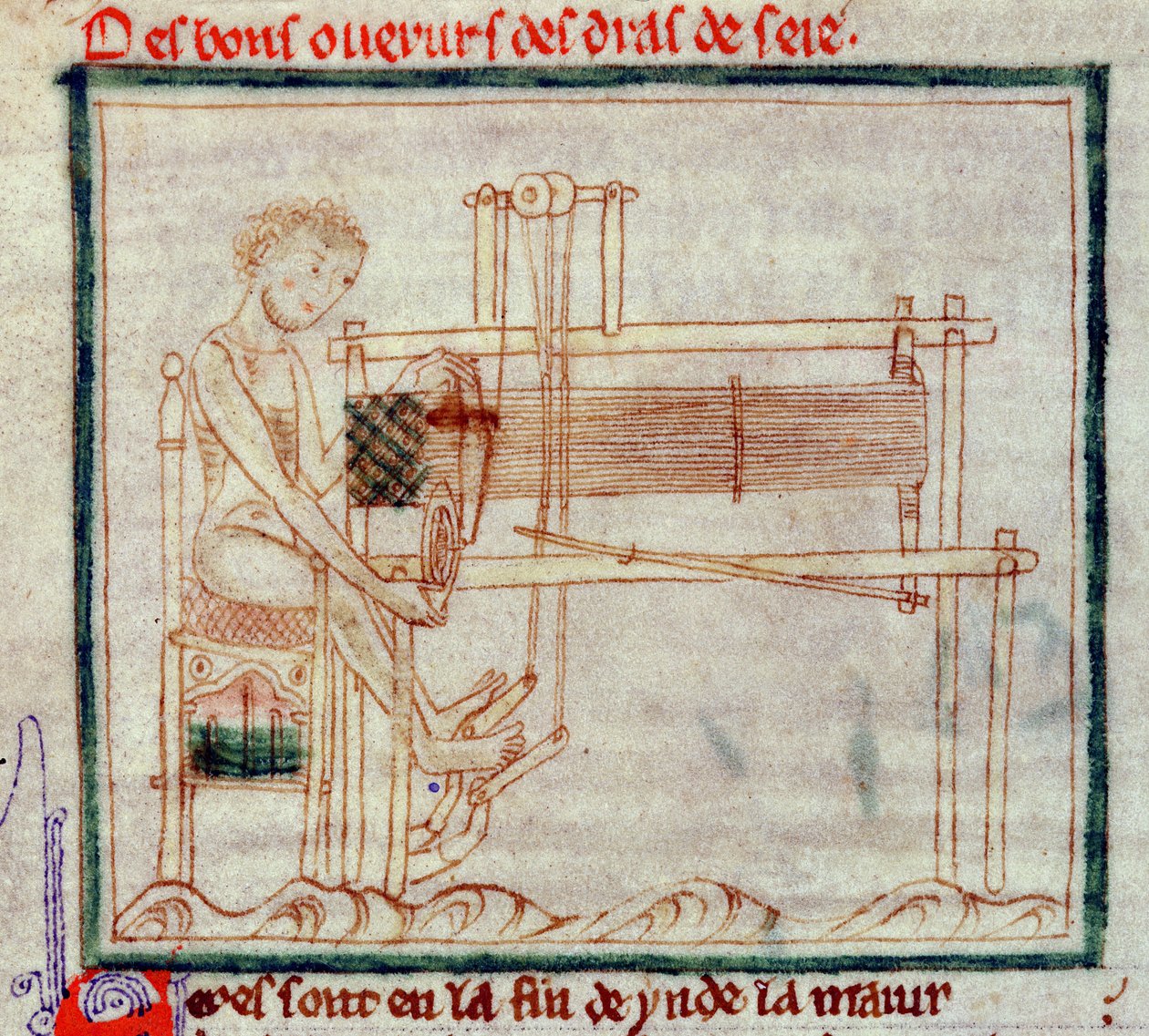 السيدة 0.9.34 fol.32v Treadle Loom ، من Romance of Alexander ، 1250 بواسطة مدرسة اللغة الإنجليزية