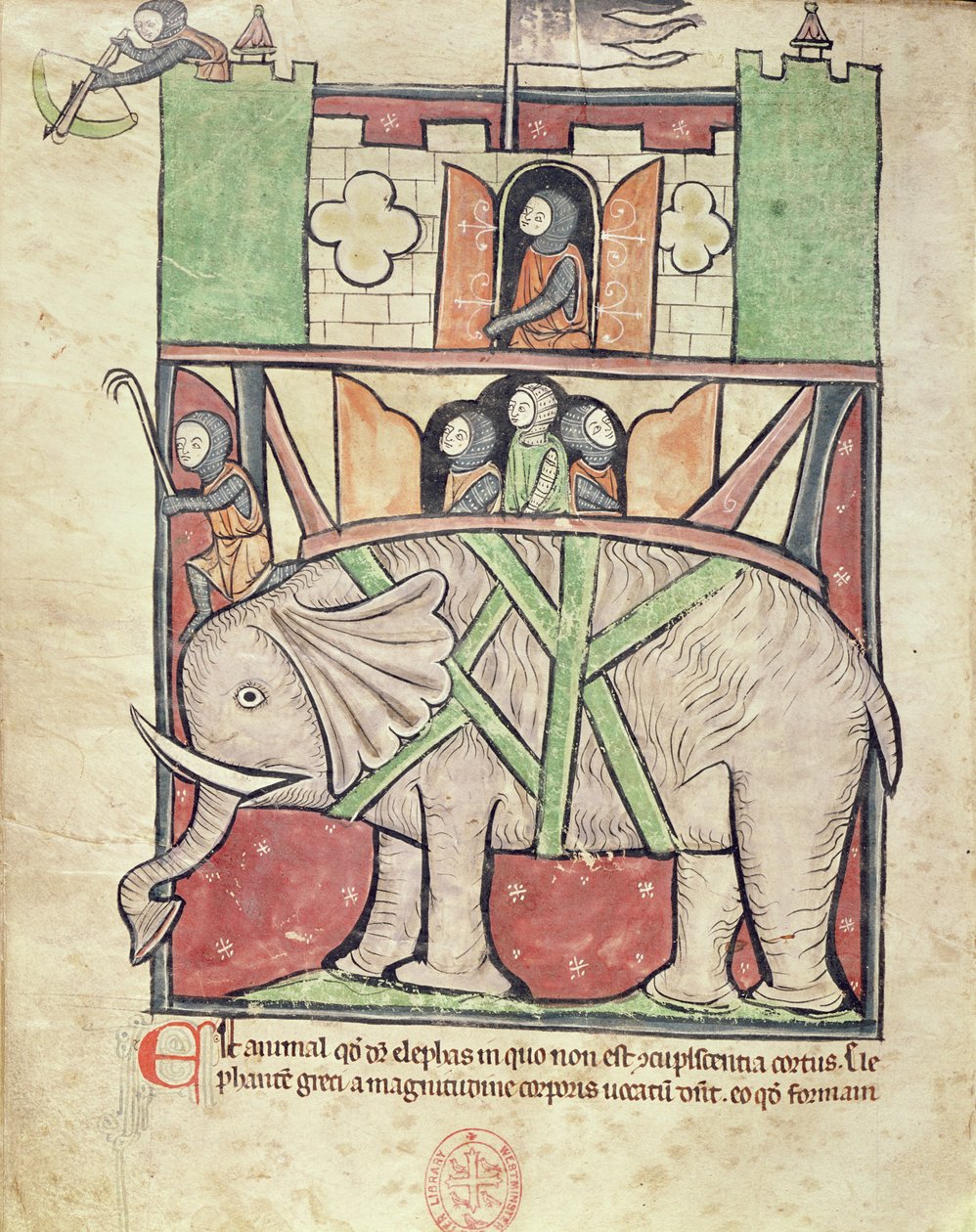 السيدة 22 f.26v الفيل الذي يحمل الهوده المليئة بالجنود ، من Westminster Abbey Bestiary ، c.1270-90 بواسطة مدرسة اللغة الإنجليزية