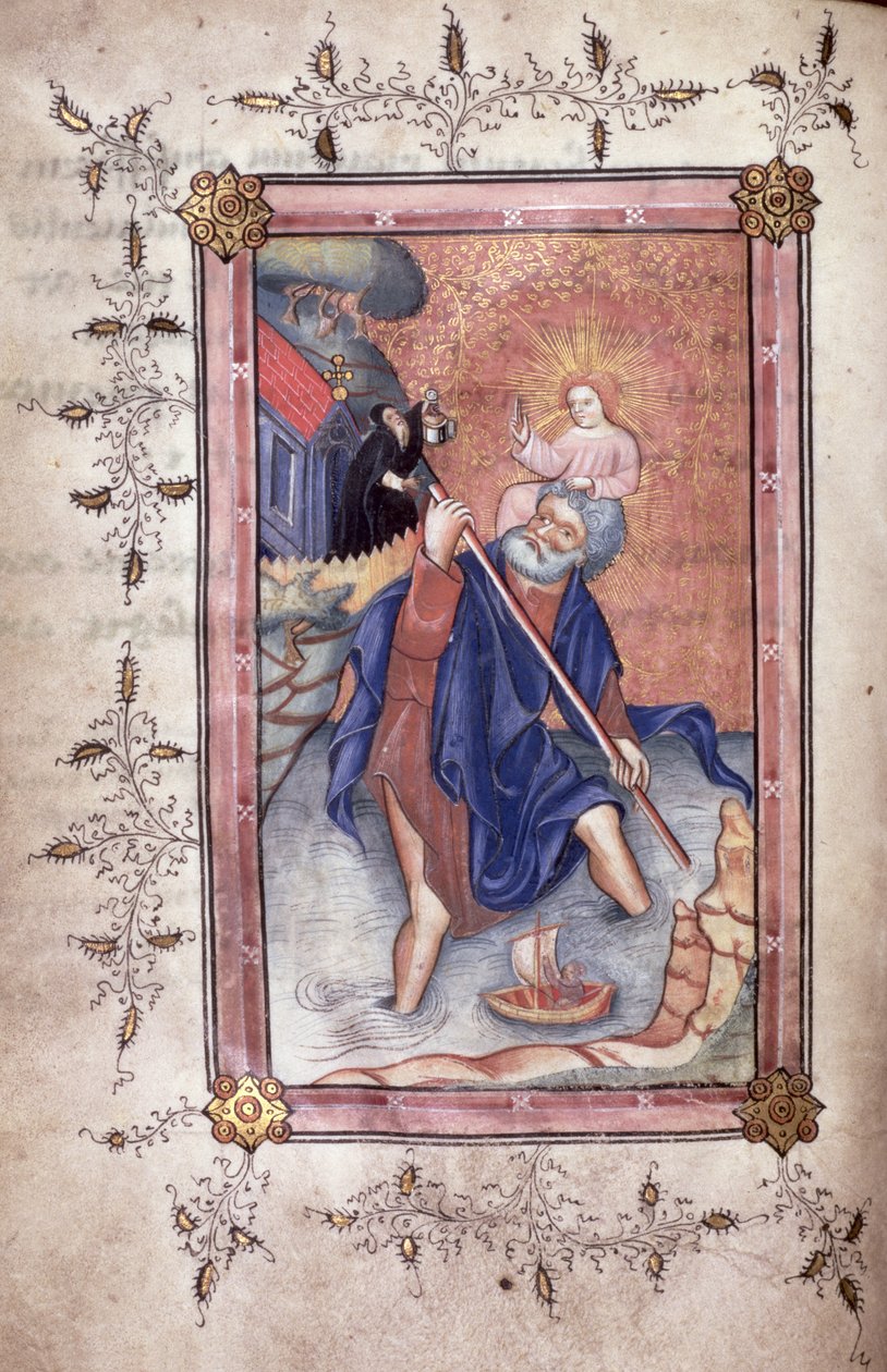 السيدة 49 f.28v القديس كريستوفر الذي يحمل المسيح عبر نهر (الرق بواسطة مدرسة اللغة الإنجليزية