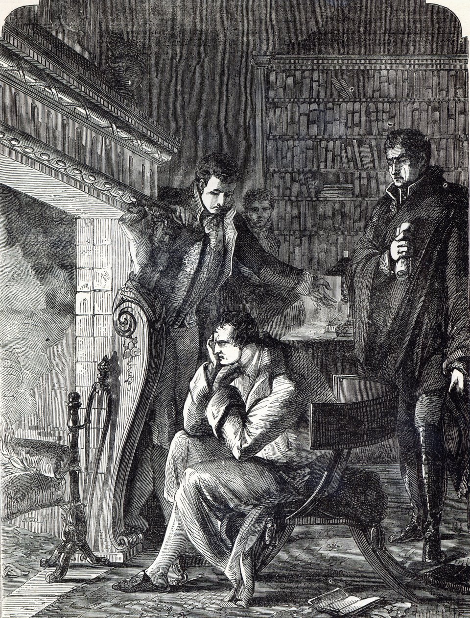 نابليون يئن من النار في الليلة التي سبقت تنازله ومغادرته من فونتينبلو في 20 أبريل 1814 بواسطة مدرسة اللغة الإنجليزية
