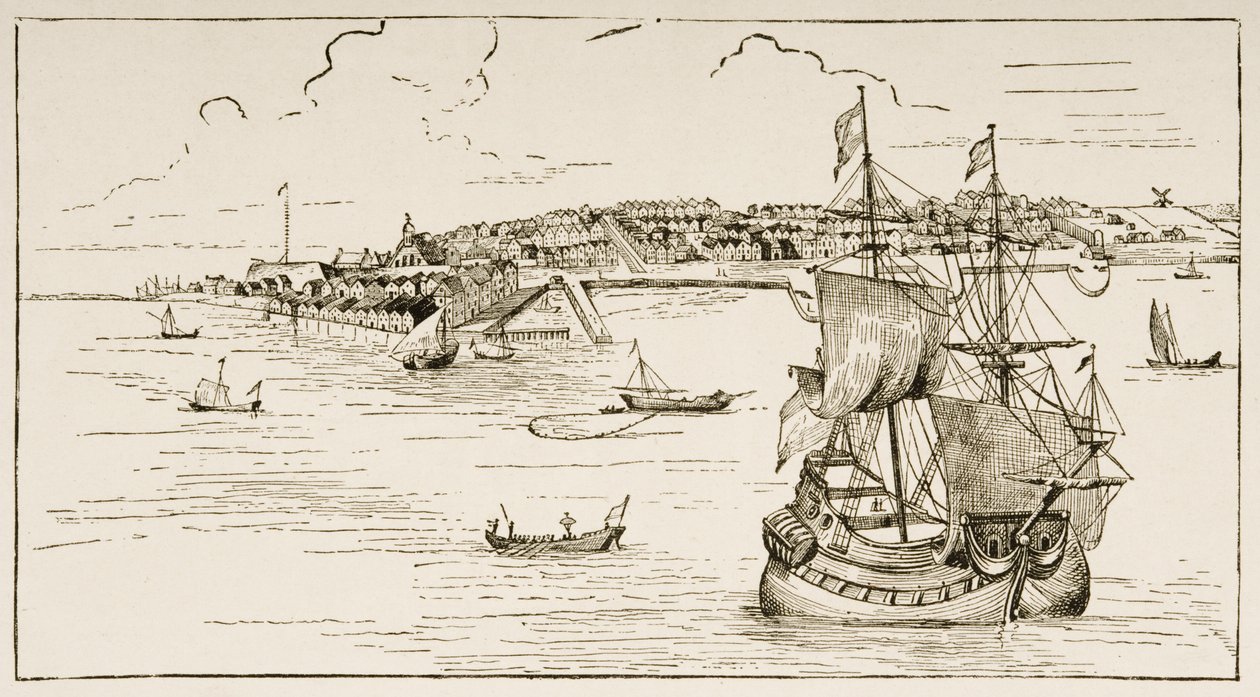 نيويورك عام 1673 ، من "الصور الأمريكية" التي نشرتها جمعية المسالك الدينية ، 1876 بواسطة مدرسة اللغة الإنجليزية