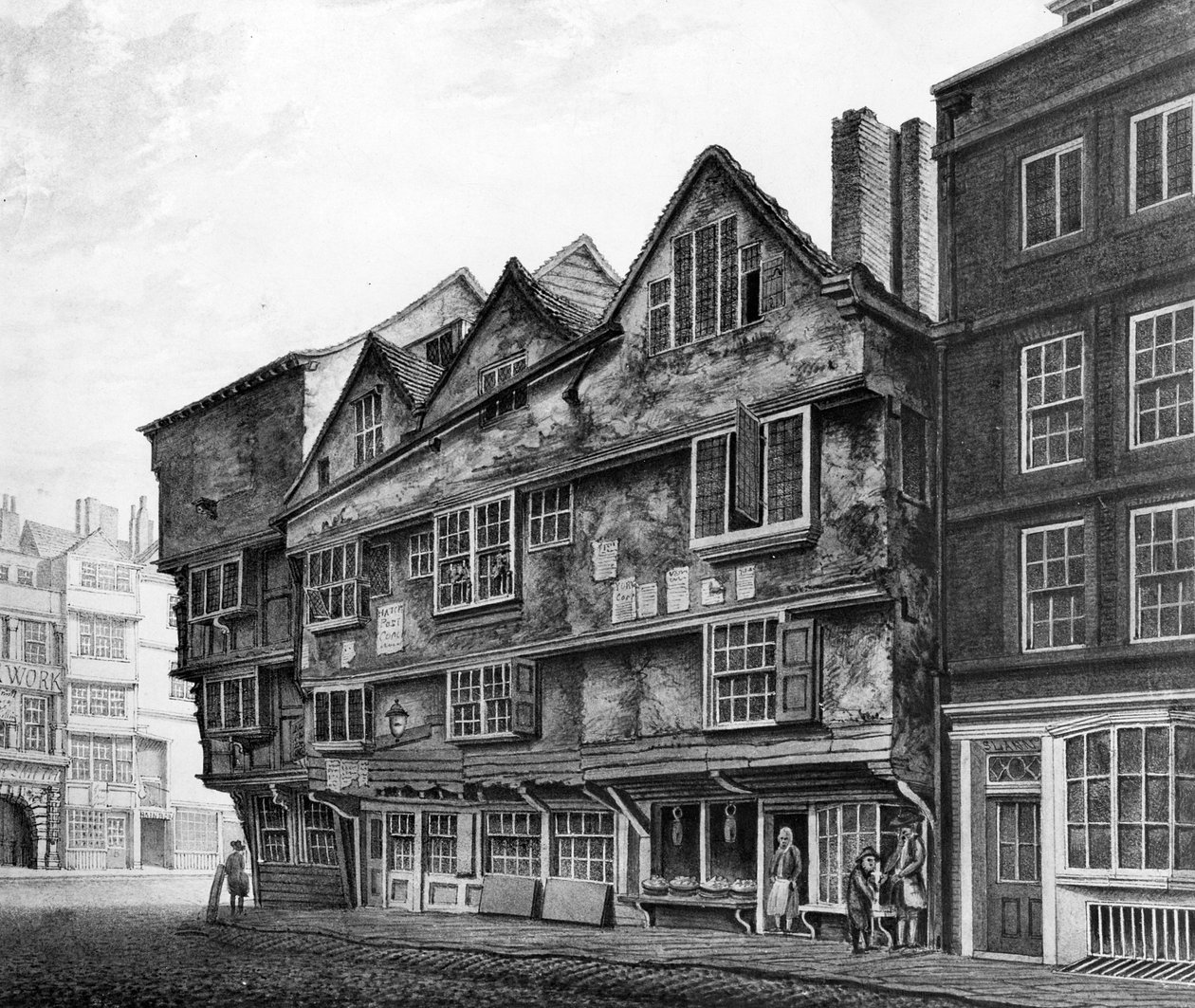 منازل وواجهات متاجر قديمة في Chancery Lane ، لندن ، 1798 بواسطة مدرسة اللغة الإنجليزية