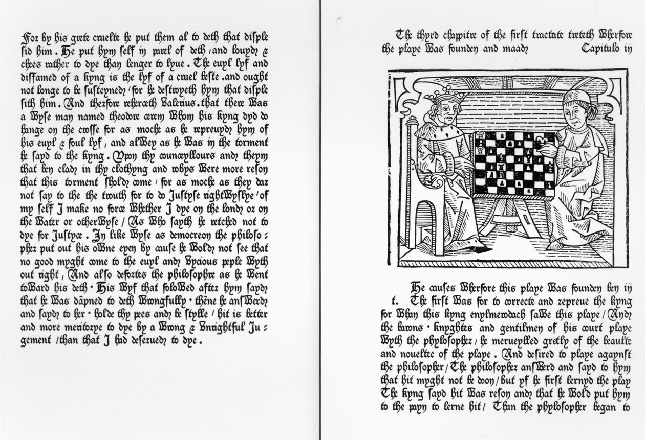صفحات من الترجمة الإنجليزية لـ "De Ludo Saccorum" لجاك دي سيسولز ، بما في ذلك رسم توضيحي لشخصين يلعبان الشطرنج ، c.1483 بواسطة مدرسة اللغة الإنجليزية