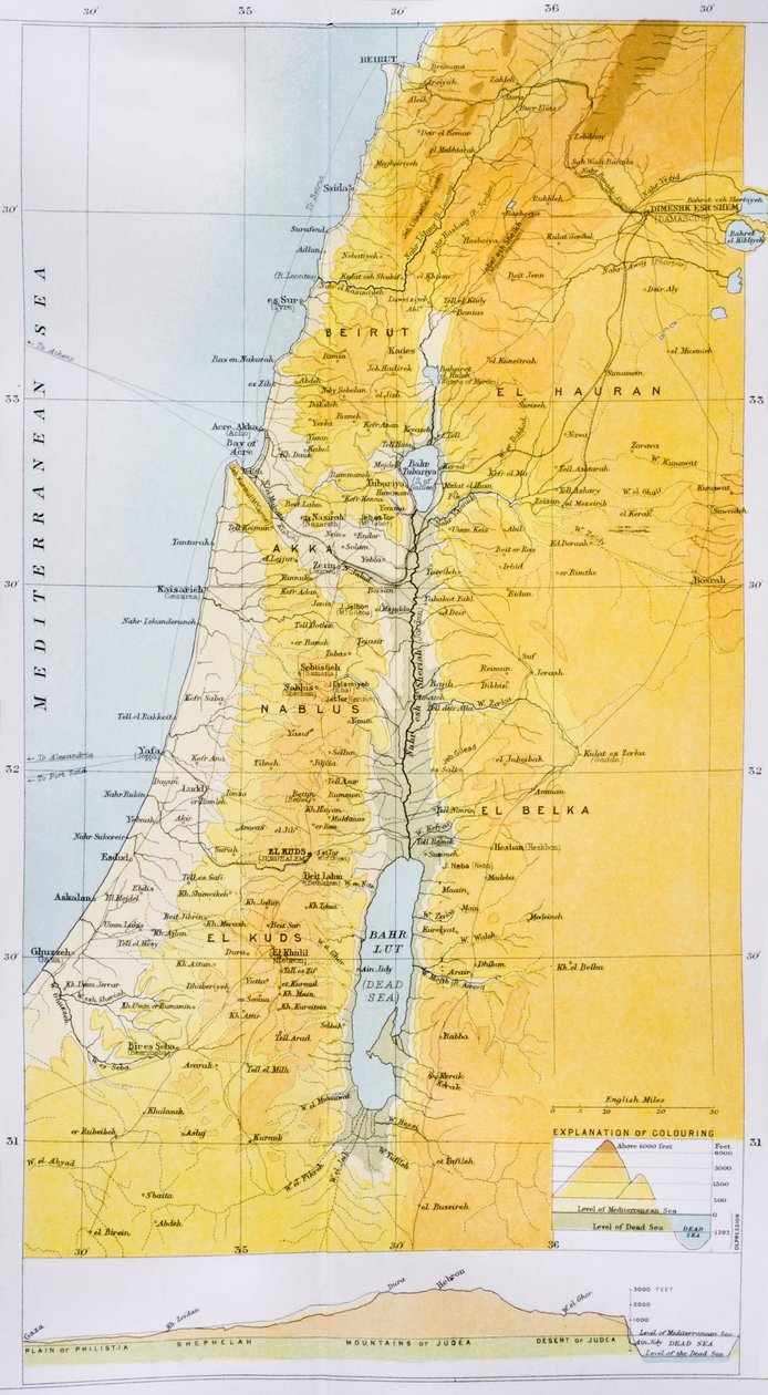 فلسطين في تسعينيات القرن التاسع عشر ، من "أطلس العالم للعالم" ، نُشرت في لندن ، عام 1899 بواسطة مدرسة اللغة الإنجليزية