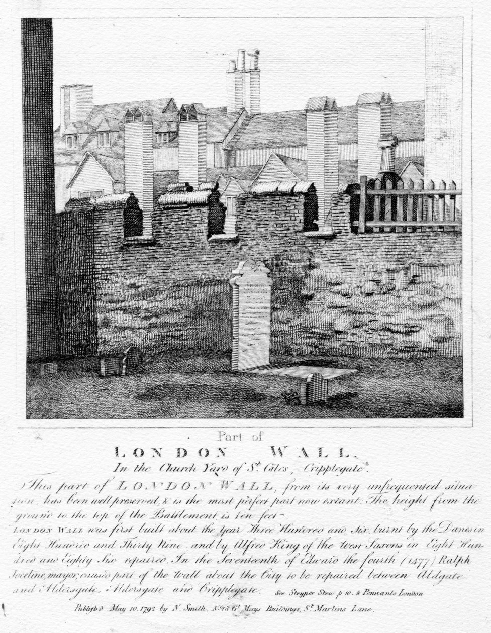 جزء من جدار لندن ، في ساحة الكنيسة في سانت جايلز ، Cripplegate ، تم نشره عام 1792 بواسطة مدرسة اللغة الإنجليزية