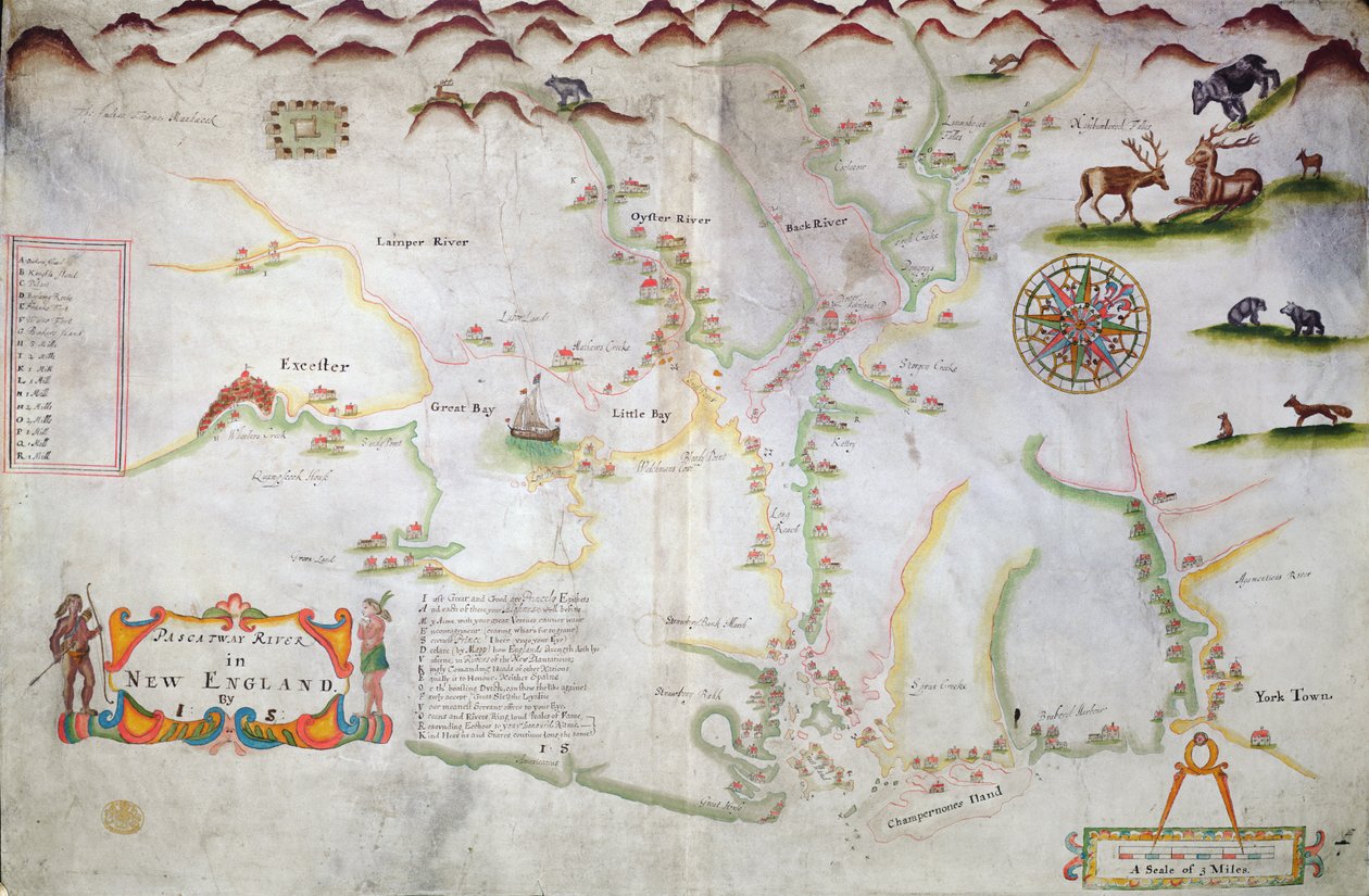 نهر باسكاتواي في نيو إنجلاند ، 1660-85 (حبر على ورق) بواسطة مدرسة اللغة الإنجليزية