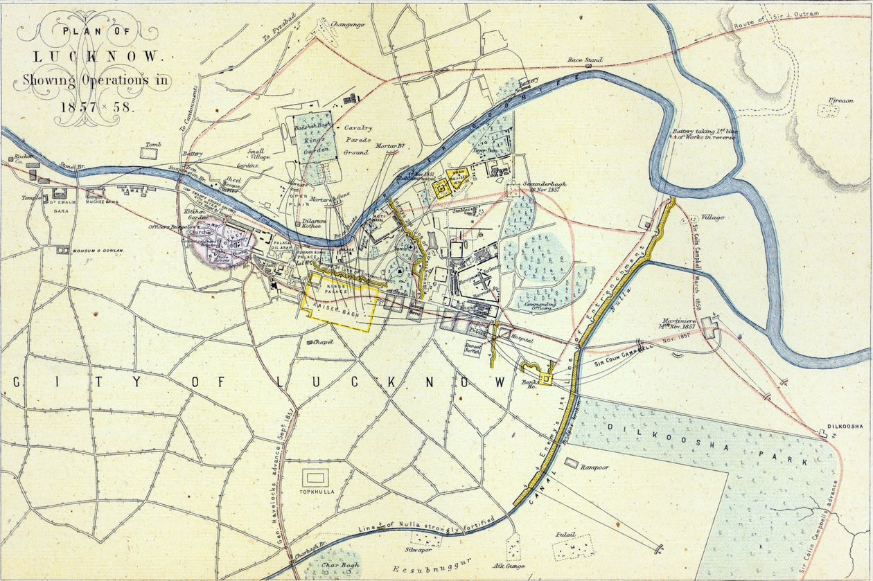 تُظهر خطة لكناو العمليات في 1857-58 ، حانة. بقلم ويليام ماكنزي ، 1860 بواسطة مدرسة اللغة الإنجليزية