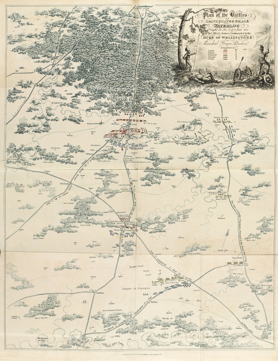 خاضت معارك Ligny و Quatre Bras & Waterloo في 16 و 18 يونيو 1815 من قبل جيوش الحلفاء بقيادة دوق ويلينغتون والمارشال الأمير بلوشير ، من `` حساب تاريخي بواسطة مدرسة اللغة الإنجليزية