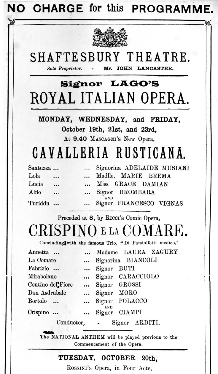 الإعلان في Playbill عن أداء "Cavalleria Rusticana" و "Crispino e la Comare" في مسرح شافتسبري ، 1891 (ورق مطبوع) بواسطة مدرسة اللغة الإنجليزية
