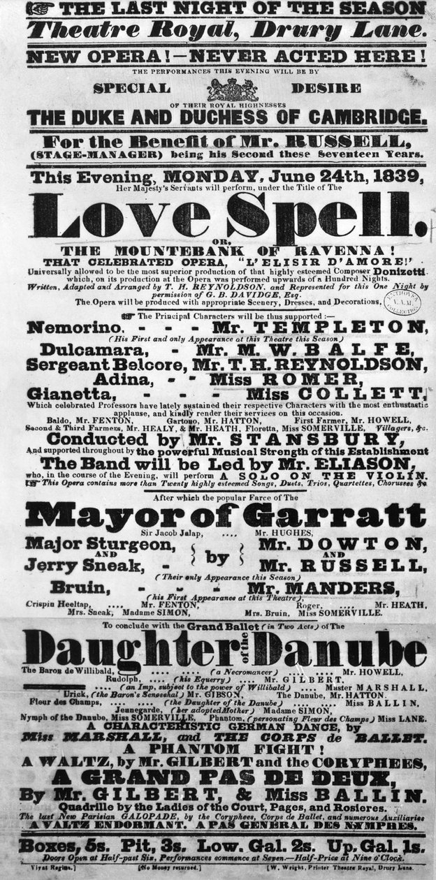 إعلان Playbill عن أداء "Love Spell" بناء على طلب دوق ودوقة كامبريدج ، 1839 (ورق مطبوع) بواسطة مدرسة اللغة الإنجليزية