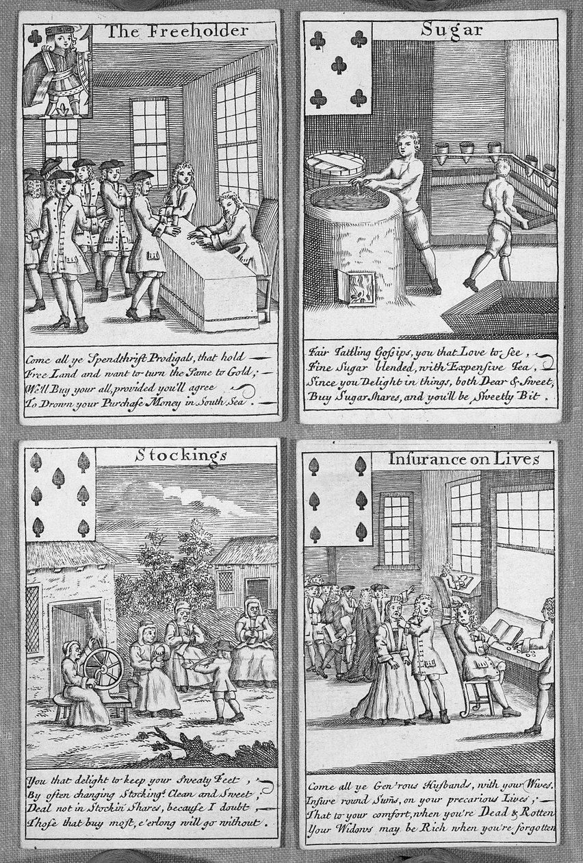 أوراق اللعب التي تصور المشاريع التجارية الحالية ، ج .1720 (مطبوعة) بواسطة مدرسة اللغة الإنجليزية