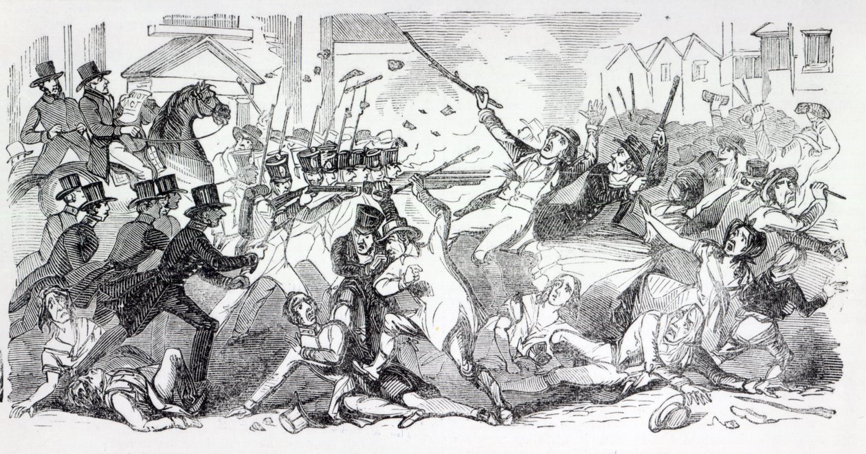 قم بتوصيل مؤامرة الشغب في بريستون ، رسم توضيحي من "أخبار لندن المصورة" ، أغسطس 1842 بواسطة مدرسة اللغة الإنجليزية