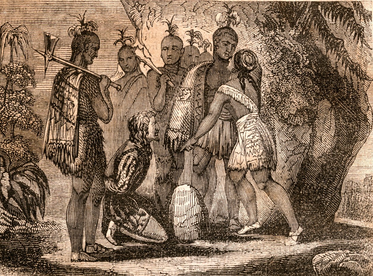 توسطت بوكاهونتاس في حياة سميث عام 1607 ، صورة توضيحية من "حكايات المسافرين" أو "منظر من العالم" ، نُشر عام 1838 بواسطة مدرسة اللغة الإنجليزية