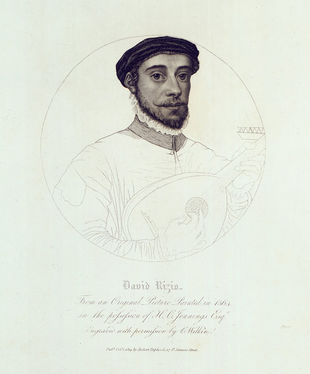 صورة ديفيد ريزيو ، من نسخة أصلية مرسومة عام 1564 ، نقشها سي ويلكين ، الحانة. لندن ، 1814 بواسطة مدرسة اللغة الإنجليزية