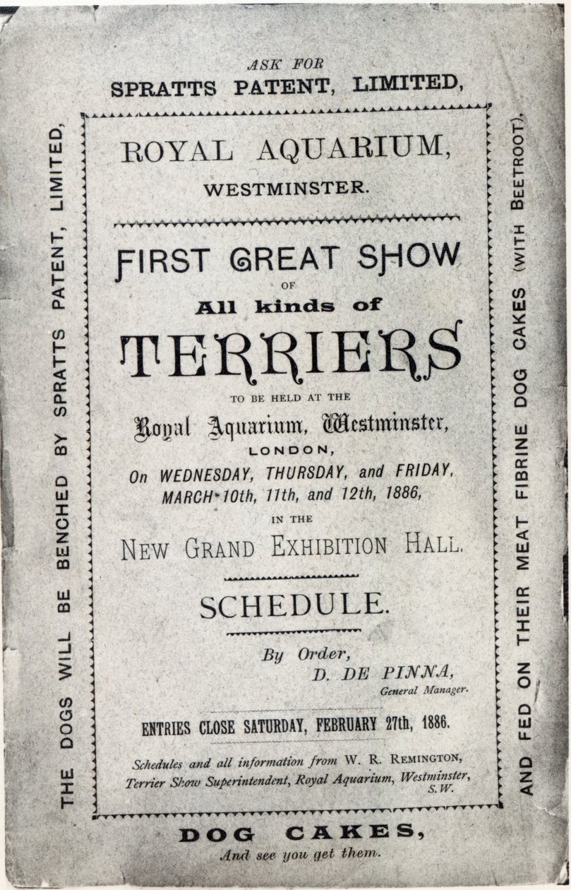 ملصق إعلاني عن Allied Terrier Club Show في Royal Aquarium ، Westminster في عام 1886 بواسطة مدرسة اللغة الإنجليزية