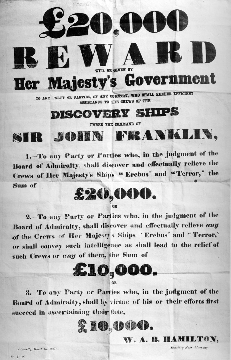 ملصق يعرض مكافأة لاكتشاف رحلة Franklin Artic Expedition المفقودة ، 1850 (ورقة مطبوعة) بواسطة مدرسة اللغة الإنجليزية