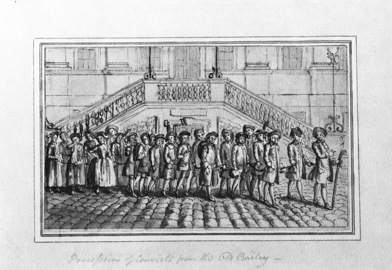 موكب المدانين من بيلي القديمة ، 1750-1800 (قلم وحبر وغسل رمادي على الورق) بواسطة مدرسة اللغة الإنجليزية