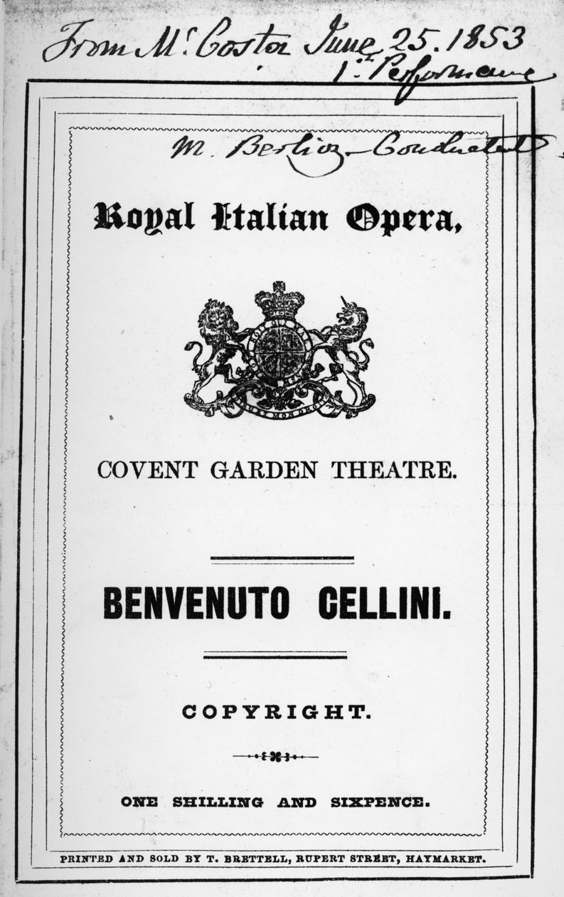 برنامج لأوبرا Benvenuto Cellini من تأليف Berlioz ، تم إجراؤه عام 1853 (ورقة مطبوعة) بواسطة مدرسة اللغة الإنجليزية
