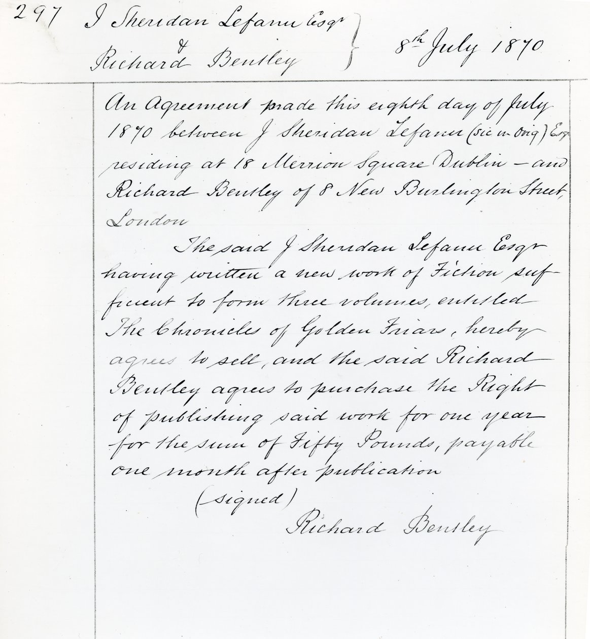 عقد نشر بين جوزيف شيريدان لو فانو وريتشارد بنتلي في "سجلات الأحداث الذهبيين" ، 1870 (حبر على ورق) بواسطة مدرسة اللغة الإنجليزية